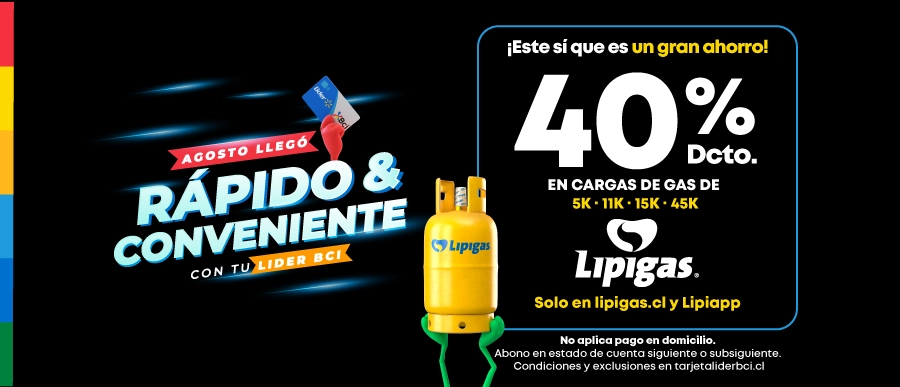 ¡40% dcto. en Lipigas.cl y Lipiapp con Tarjeta Lider Bci!